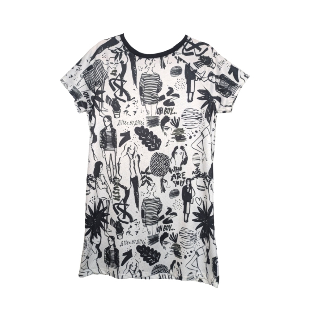 ZARA TRF Avant Garde Sketch Print Textured Sheath T-Shirt Dress in White & Black